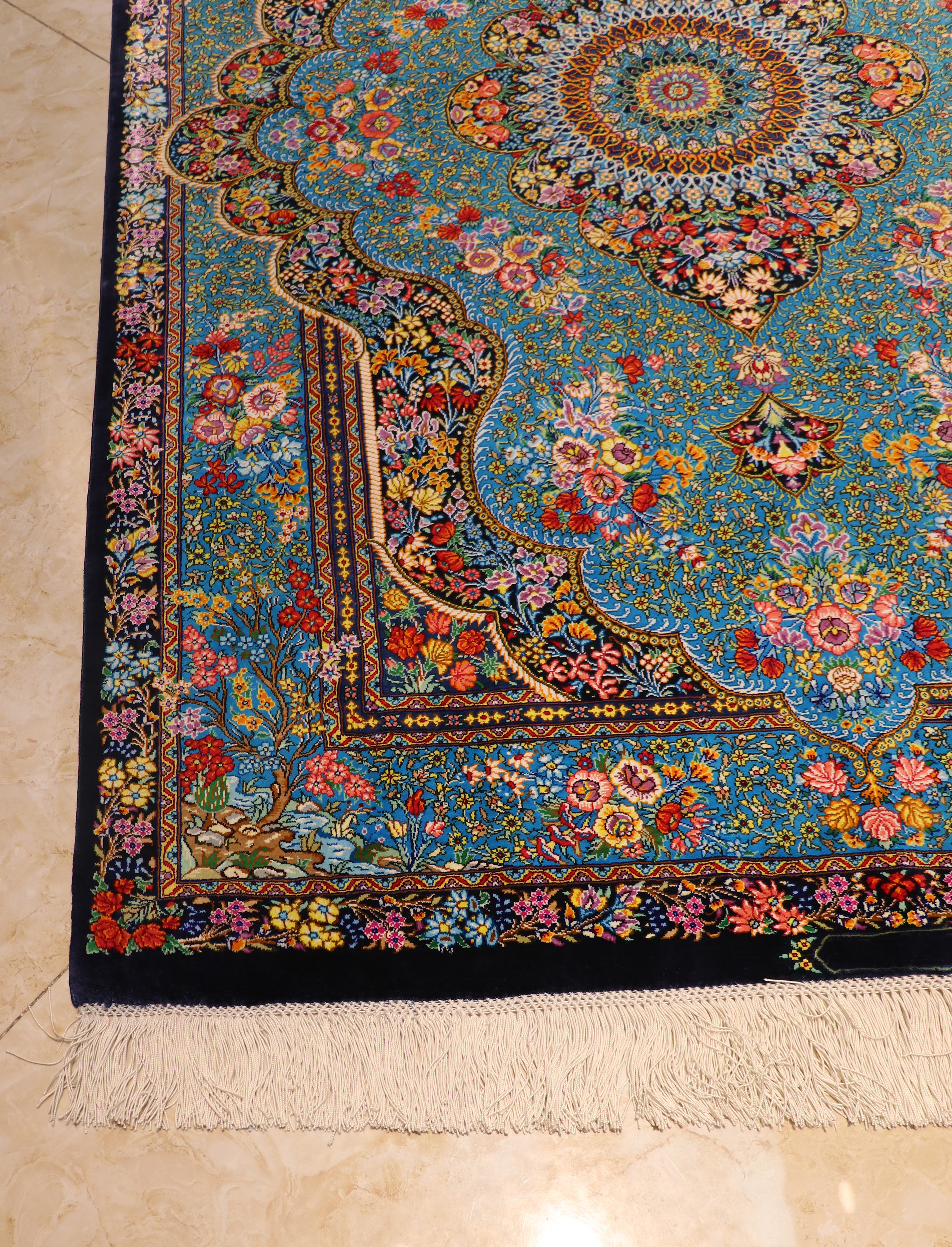Complete Silk Carpet, Lachak Toranj, 150 × 100, Blue, Qom, Iran Taha